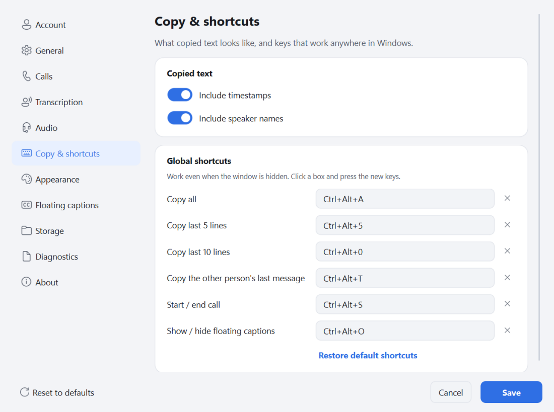 Copy and shortcut settings: include timestamps and names, and change the global shortcuts
