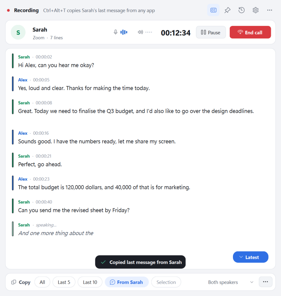 Call Transcriber compact list style transcript with speaker names and timestamps