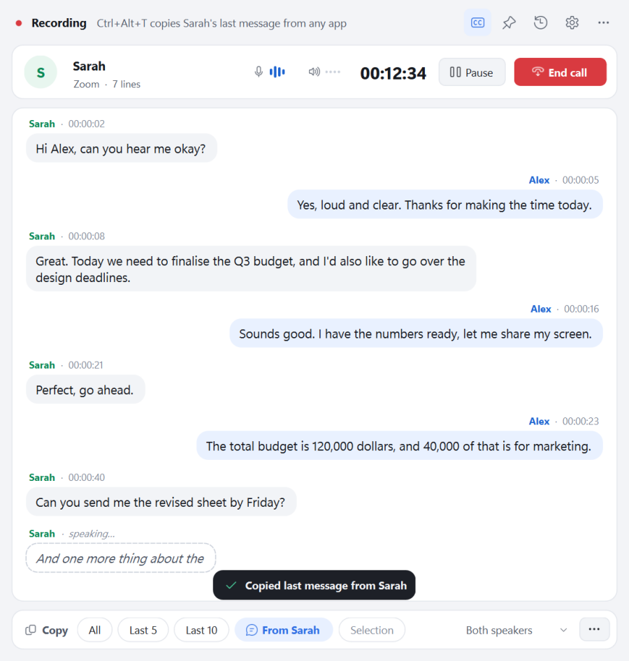 Call Transcriber recording a Zoom call: chat bubbles for both speakers and a bottom bar with copy buttons