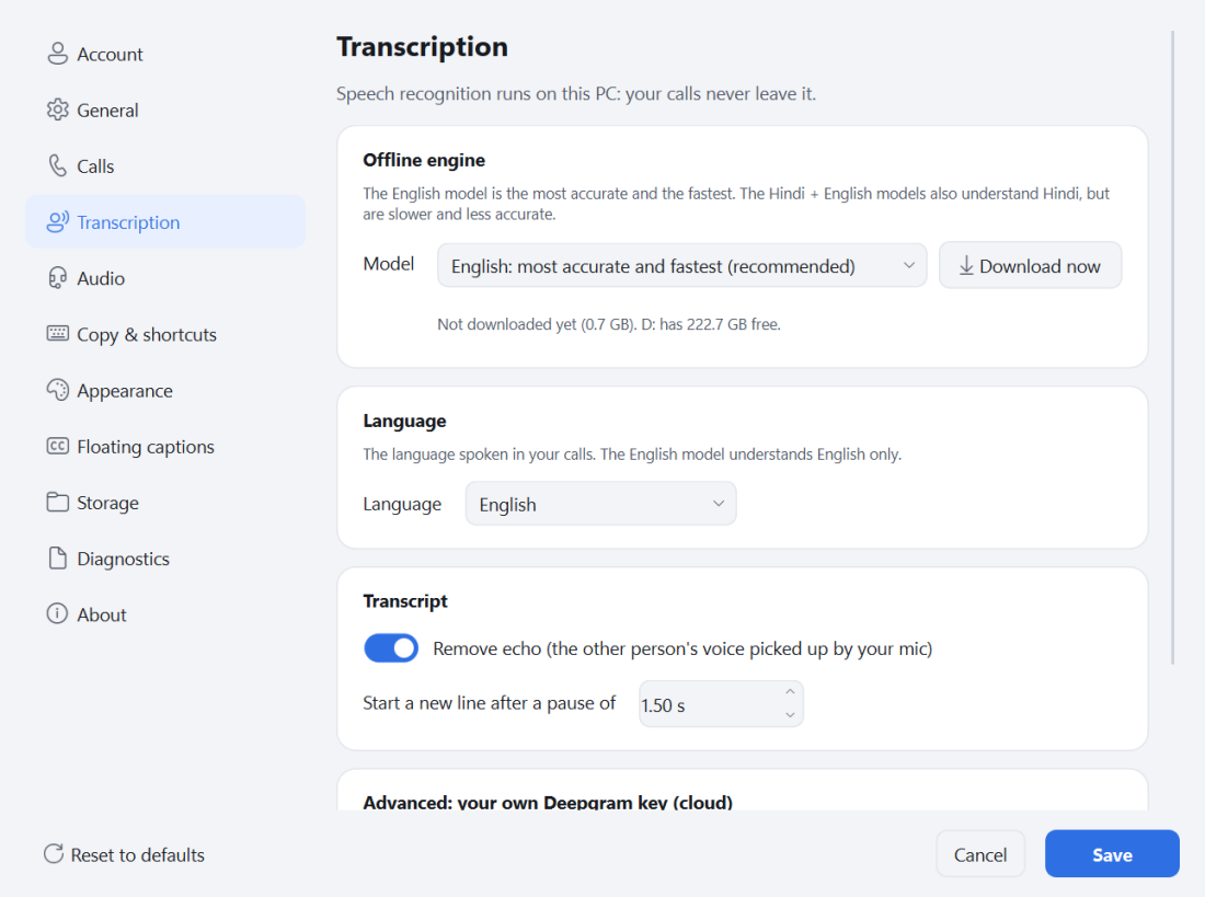 Call Transcriber settings: the offline speech model runs on this PC